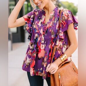 Entro Flutter Sleeve Abstract Blouse Purple Pink Multicolor Boho Boutique Large